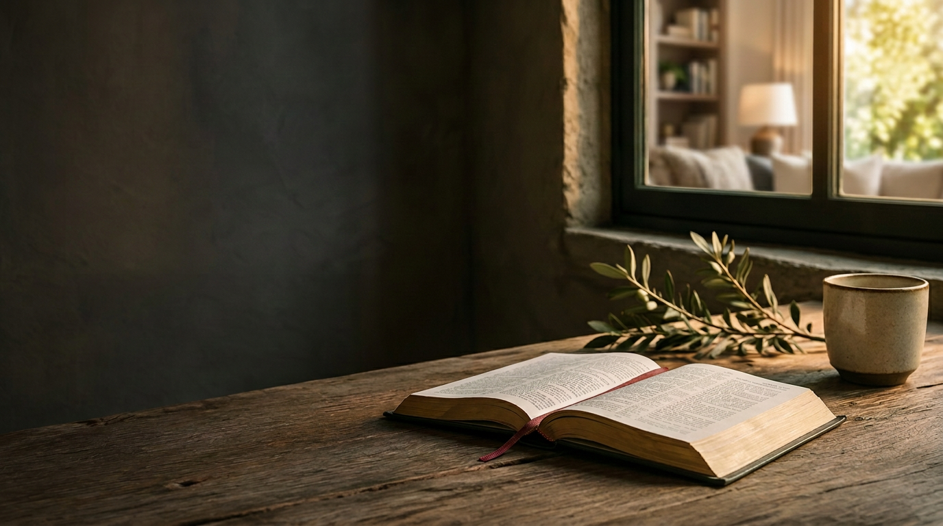 An open Bible in warm natural light